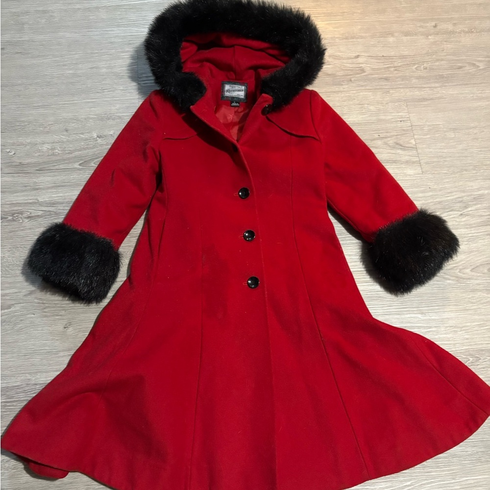 Vintage Rothschild Red Wool Jacket with Black Faux Fur Trim